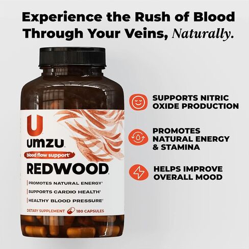 UMZU Redwood Max Nitric Oxide Booster, Blood Flow & Circulation Support for Men & Women, Energy, Stamina & Recovery – Heart & Varicose Vein Supplement – 2 Capsules Daily – 60 Count in Kuwait