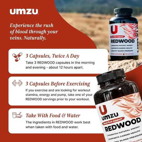 UMZU Redwood Max Nitric Oxide Booster, Blood Flow & Circulation Support for Men & Women, Energy, Stamina & Recovery – Heart & Varicose Vein Supplement – 2 Capsules Daily – 60 Count in Kuwait