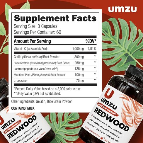 UMZU Redwood Max Nitric Oxide Booster, Blood Flow & Circulation Support for Men & Women, Energy, Stamina & Recovery – Heart & Varicose Vein Supplement – 2 Capsules Daily – 60 Count in Kuwait