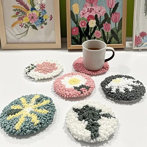 allazone 8 PCS Punch Needle Coasters Kit ، Flower Embroidery Punch Edele Kits ، Punch Embroidery Kit with Love Yarns Hoop Tools for DIY Crafts in Kuwait