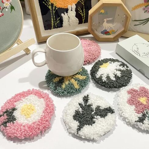 allazone 8 PCS Punch Needle Coasters Kit ، Flower Embroidery Punch Edele Kits ، Punch Embroidery Kit with Love Yarns Hoop Tools for DIY Crafts in Kuwait