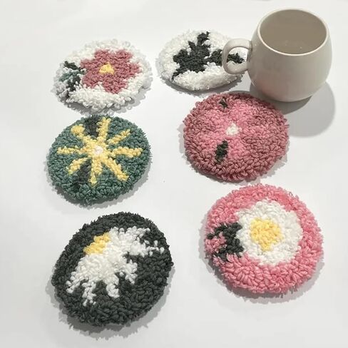 allazone 8 PCS Punch Needle Coasters Kit ، Flower Embroidery Punch Edele Kits ، Punch Embroidery Kit with Love Yarns Hoop Tools for DIY Crafts in Kuwait