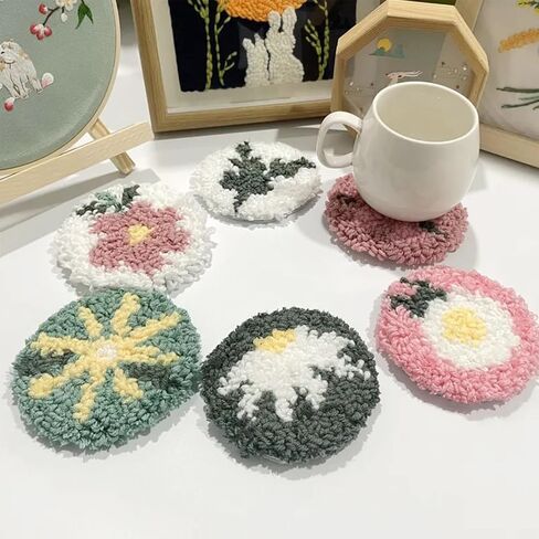 allazone 8 PCS Punch Needle Coasters Kit ، Flower Embroidery Punch Edele Kits ، Punch Embroidery Kit with Love Yarns Hoop Tools for DIY Crafts in Kuwait