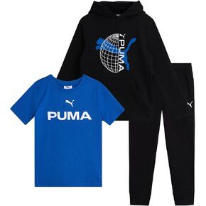 طقم سراويل للأولاد الصغار من PUMA - تي شيرت نشط 3 قطع، سويت شيرت بقلنسوة، بنطال رياضي - طقم ملابس رياضية للأولاد من الصوف (2T-4T) in Kuwait