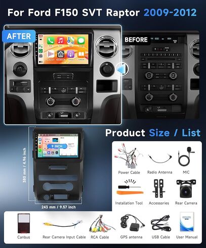 8 Core 6+128G Android Car Radio for Ford F150 2008-2014 with Wireless Carplay Android Auto Car Stereo, 9’’ Touch Screen Head Unit with Mirror Link WiFi GPS Bluetooth FM/RDS DSP AHD Backup Camera SWC in Kuwait