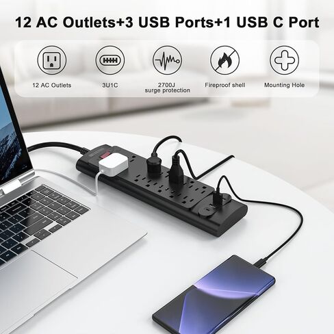 Power Strip, HITRENDS Surge Protector with 3 Outlets 4 USB Ports & 1 Type-C Port (5V/3A), Angled Flat Plug, 10ft Braided Extension Cord & ETL Listed Power Outlet for Cruise Ship Travel Home Office in Kuwait