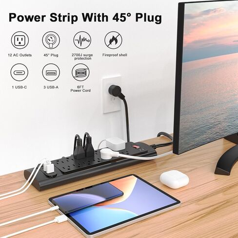 Power Strip, HITRENDS Surge Protector with 3 Outlets 4 USB Ports & 1 Type-C Port (5V/3A), Angled Flat Plug, 10ft Braided Extension Cord & ETL Listed Power Outlet for Cruise Ship Travel Home Office in Kuwait