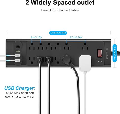 Power Strip, HITRENDS Surge Protector with 3 Outlets 4 USB Ports & 1 Type-C Port (5V/3A), Angled Flat Plug, 10ft Braided Extension Cord & ETL Listed Power Outlet for Cruise Ship Travel Home Office in Kuwait