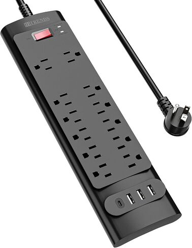 Power Strip, HITRENDS Surge Protector with 3 Outlets 4 USB Ports & 1 Type-C Port (5V/3A), Angled Flat Plug, 10ft Braided Extension Cord & ETL Listed Power Outlet for Cruise Ship Travel Home Office in Kuwait
