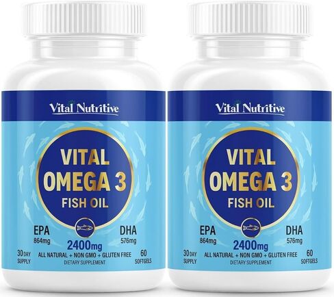 Vital Omega 3 Fish Oil Supplements 2400mg | 864mg EPA & 576mg DHA | 1440mg Total Omega-3 Fatty Acids | Promotes Brain & Heart Health | Non-GMO, Gluten-Free, Sugar-Free | Lemon | 30 Day Servings in Kuwait