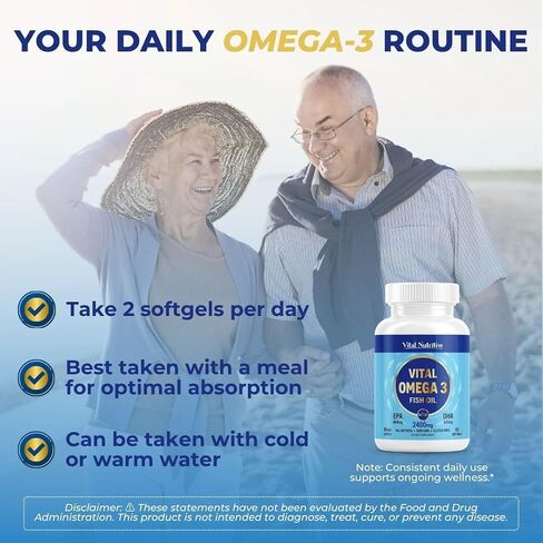 Vital Omega 3 Fish Oil Supplements 2400mg | 864mg EPA & 576mg DHA | 1440mg Total Omega-3 Fatty Acids | Promotes Brain & Heart Health | Non-GMO, Gluten-Free, Sugar-Free | Lemon | 30 Day Servings in Kuwait