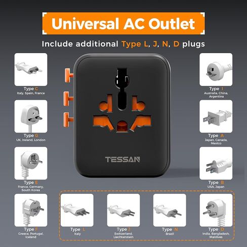 TESSAN Universal Travel Adapter, International Power Adapter with Extra 2 Prong AC Outlet, 5 USB Ports (3 USB C), Worldwide Plug Adaptor for US to Europe UK Australia Ireland (Type C G A I) in Saudi Arabia