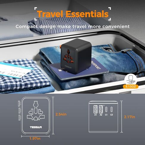 TESSAN Universal Travel Adapter, International Power Adapter with Extra 2 Prong AC Outlet, 5 USB Ports (3 USB C), Worldwide Plug Adaptor for US to Europe UK Australia Ireland (Type C G A I) in Saudi Arabia