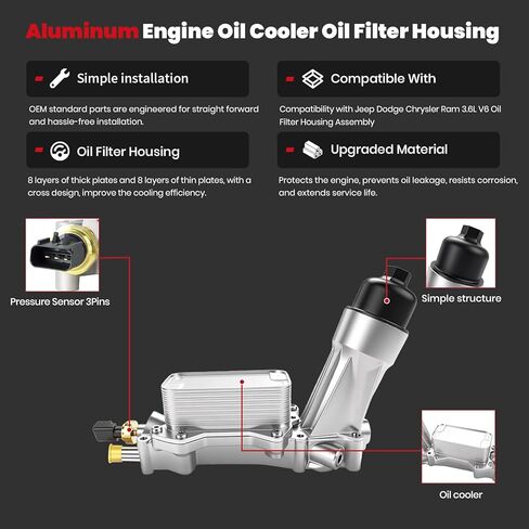 غطاء فلتر زيت المحرك يناسب جيب رانجلر شيروكي دودج تشارجر رحلة تشالنجر رام كرايسلر 200 300 تاون آند كانتري، غطاء مبرد الزيت 3.6 لتر، متوافق مع دورمان 926-959 926-876 in Kuwait