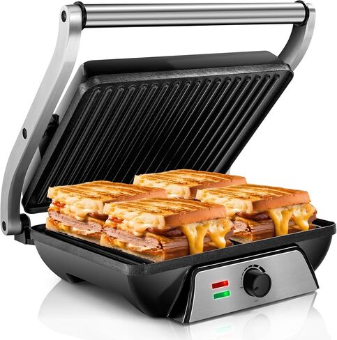 SUSTEAS Panini Press Sandwich Maker and Electric Indoor Grill with Temperature Time Setting, Easy Clean Nonstick Grids, Opens 180°/105° to Fit Any Type or Size of Food, 1400W, Black in Saudi Arabia