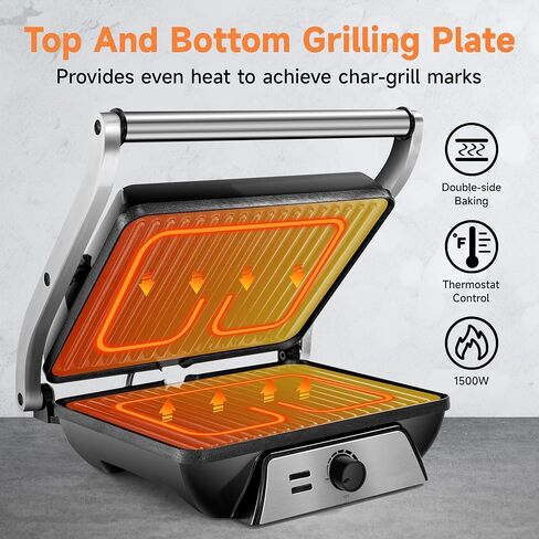 SUSTEAS Panini Press Sandwich Maker and Electric Indoor Grill with Temperature Time Setting, Easy Clean Nonstick Grids, Opens 180°/105° to Fit Any Type or Size of Food, 1400W, Black in Saudi Arabia