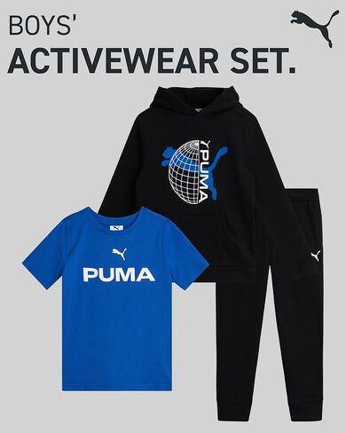 طقم سراويل للأولاد الصغار من PUMA - تي شيرت نشط 3 قطع، سويت شيرت بقلنسوة، بنطال رياضي - طقم ملابس رياضية للأولاد من الصوف (2T-4T) in Kuwait