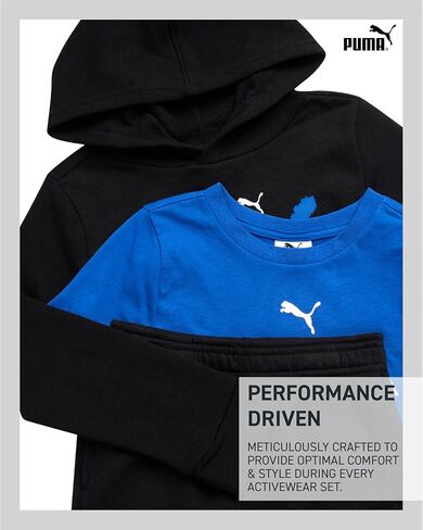 طقم سراويل للأولاد الصغار من PUMA - تي شيرت نشط 3 قطع، سويت شيرت بقلنسوة، بنطال رياضي - طقم ملابس رياضية للأولاد من الصوف (2T-4T) in Kuwait