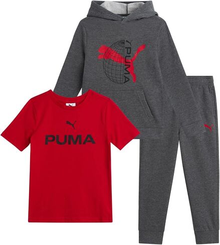طقم سراويل للأولاد الصغار من PUMA - تي شيرت نشط 3 قطع، سويت شيرت بقلنسوة، بنطال رياضي - طقم ملابس رياضية للأولاد من الصوف (2T-4T) in Kuwait