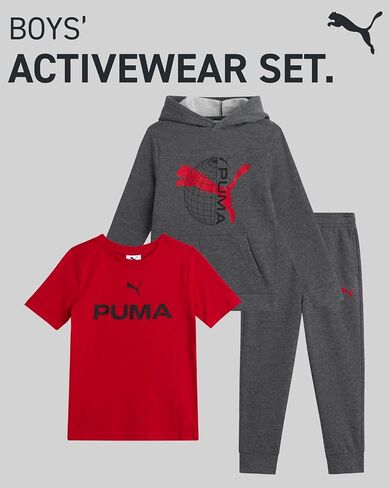 طقم سراويل للأولاد الصغار من PUMA - تي شيرت نشط 3 قطع، سويت شيرت بقلنسوة، بنطال رياضي - طقم ملابس رياضية للأولاد من الصوف (2T-4T) in Kuwait