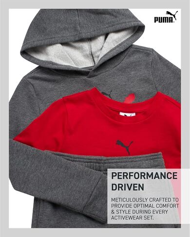 طقم سراويل للأولاد الصغار من PUMA - تي شيرت نشط 3 قطع، سويت شيرت بقلنسوة، بنطال رياضي - طقم ملابس رياضية للأولاد من الصوف (2T-4T) in Kuwait