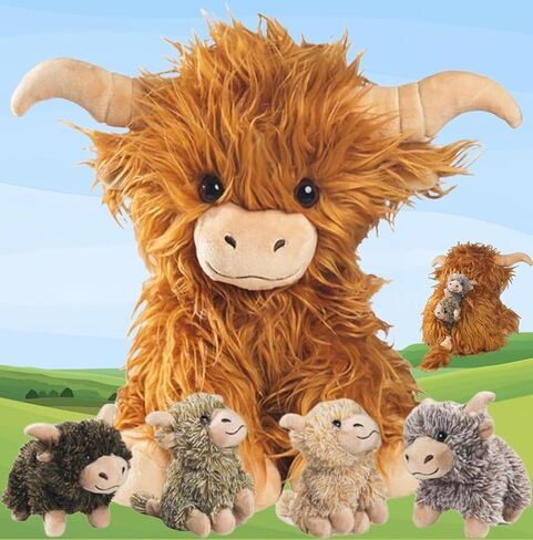 مجموعة 5 قطع من حيوانات بقرة المرتفعات المحشوة مع الأطفال، لعبة بقرة المرتفعات الاسكتلندية مقاس 35.56 سم من القطيفة مع 4 أطفال لطيفين محشوين على شكل بقرة هايلاند، دمية هدايا للأطفال في أعياد الميلاد وعيد الميلاد in Kuwait