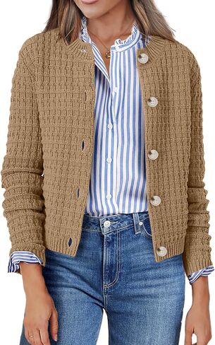Zeagoo Women's 2024 Knit Cardigan Sweaters Long Sleeve Open Front Button Down Crew Neck Tweed Cropped Jackets in Saudi Arabia