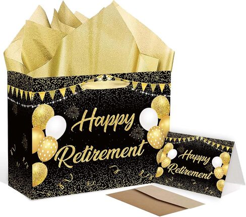 Blue Silver Retirement Gift Bag with Tissue Paper Set Large Happy Retirement Wrapping Gift Bag and Greeting Card for Men Women Office Coworker Farewell Going Away Party Favors Wrap Bags Supplies in Saudi Arabia