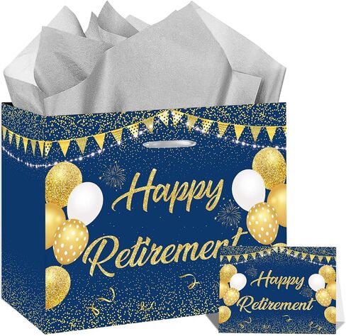 Blue Silver Retirement Gift Bag with Tissue Paper Set Large Happy Retirement Wrapping Gift Bag and Greeting Card for Men Women Office Coworker Farewell Going Away Party Favors Wrap Bags Supplies in Saudi Arabia