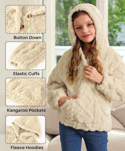 Besserbay Girls Winter Sherpa Fleece Fuzzy Hoodies Sweatshirts Button Button Down Dan Disual Outerwear Coat مع جيوب من 4 إلى 14 عامًا in Saudi Arabia