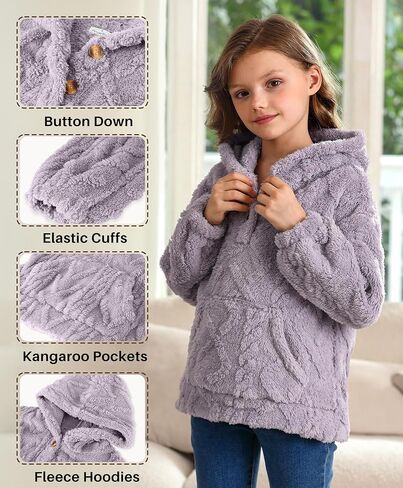 BesserBay Girls Winter Sherpa Fleece Fuzzy Hoodies Sweatshirts Button Down Casual Outerwear Coat with Pockets 4-14 Years in Saudi Arabia