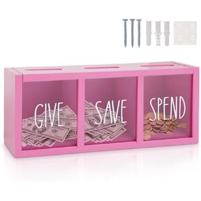 Wooden Piggy Bank for Kids, Spend Save Give Money Saving Box Visualized Coin and Cash Savings Box for Childrens Boys Girls Adults(Countertop & Wall-Mount, White) in Kuwait