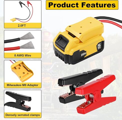مشابك كبلات الطائر لبداية قفز البطارية DeWalt 20V ، كابل بطارية بطارية 2.0 قدمًا مع محول ، كابل تعزيز بطارية السيارات للأدوات المستخدمة للانتقال إلى السيارة in Kuwait