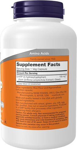 NOW Foods Supplements، 5-HTP (5-hydroxytryptophan) 100 مجم، دعم الناقلات العصبية*، 60 كبسولة نباتية in Saudi Arabia