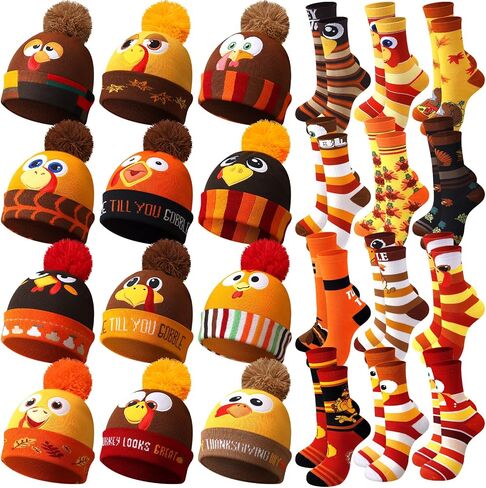 8 Pcs Thanksgiving Turkey Trot Costume Set 4 Pcs Turkey Beanie Hat 4 Pcs Turkey Socks Beanie Hat Funny Knitted Cap Turkey Ankle Socks for Adults Men Women Thanksgiving Cosplay in Saudi Arabia