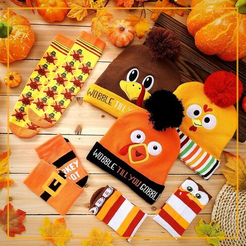 8 Pcs Thanksgiving Turkey Trot Costume Set 4 Pcs Turkey Beanie Hat 4 Pcs Turkey Socks Beanie Hat Funny Knitted Cap Turkey Ankle Socks for Adults Men Women Thanksgiving Cosplay in Saudi Arabia