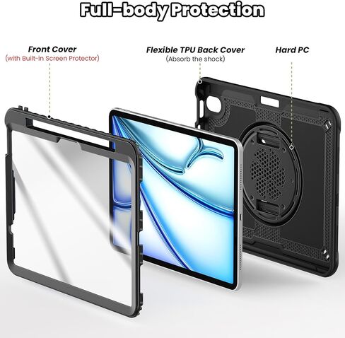 SEYMAC for iPad Pro 11 Inch Case 4th/ 3rd/ 2nd/ 1st Gen, Shockproof Protective Case with Screen Protector, 360° Rotating Hand Strap &Stand, Shoulder Strap for iPad Pro 11, Light Blue+Grey in Saudi Arabia