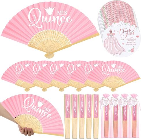 25 Sets Quinceanera Favors for Guests Pink Folding Paper Fans Pink Bamboo Fans with Thank You Tags and Gift Bag Handheld Pink Fans 15 Birthday Party Favors Birthday Decorations for Girls in Saudi Arabia