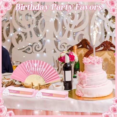25 Sets Quinceanera Favors for Guests Pink Folding Paper Fans Pink Bamboo Fans with Thank You Tags and Gift Bag Handheld Pink Fans 15 Birthday Party Favors Birthday Decorations for Girls in Saudi Arabia