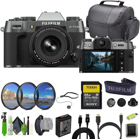 Fujifilm X-T50 Mirrorless Digital Camera XF16-50mmF2.8-4.8 R LM WR Lens Bundle Kit with 64GB Tough UHS-II SDXC Memory Card + Camara Bag + Cleaning kit + Micro HDMI Cable + More Accessories - Black in Saudi Arabia