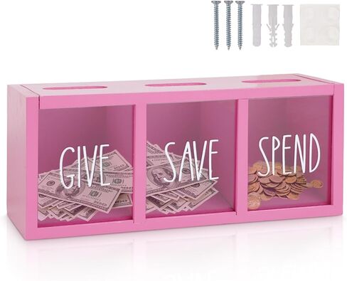Wooden Piggy Bank for Kids, Spend Save Give Money Saving Box Visualized Coin and Cash Savings Box for Childrens Boys Girls Adults(Countertop & Wall-Mount, White) in Kuwait