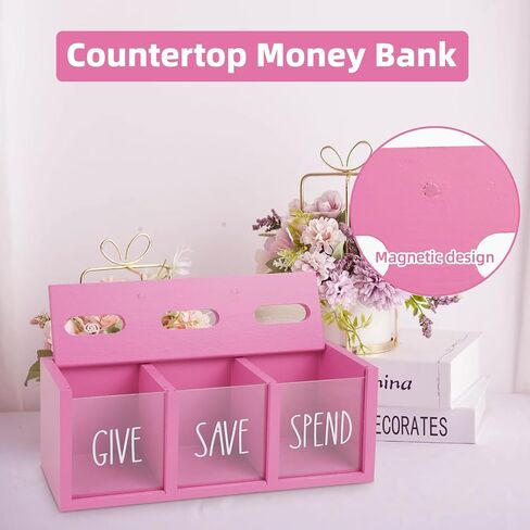 Wooden Piggy Bank for Kids, Spend Save Give Money Saving Box Visualized Coin and Cash Savings Box for Childrens Boys Girls Adults(Countertop & Wall-Mount, White) in Kuwait