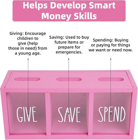 Wooden Piggy Bank for Kids, Spend Save Give Money Saving Box Visualized Coin and Cash Savings Box for Childrens Boys Girls Adults(Countertop & Wall-Mount, White) in Kuwait