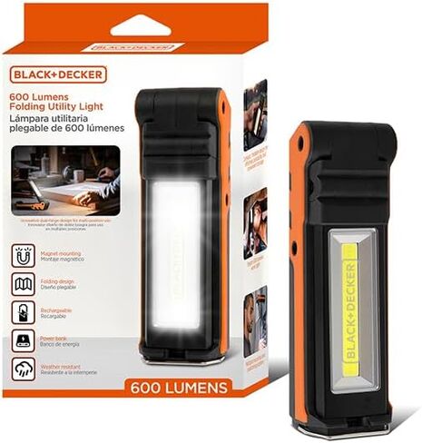 BLACK+DECKER 600 Lumens Work Light + 250 Lumens Flashlight & Power Bank, 32 Hour Rechargeable Utility LED Light, 270° Dual-Hinge, IP44 Weather-Resistant, Dimmable, SOS Mode, Magnetic Mount & Hanging in Saudi Arabia