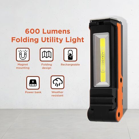 BLACK+DECKER 600 Lumens Work Light + 250 Lumens Flashlight & Power Bank, 32 Hour Rechargeable Utility LED Light, 270° Dual-Hinge, IP44 Weather-Resistant, Dimmable, SOS Mode, Magnetic Mount & Hanging in Saudi Arabia