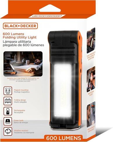 BLACK+DECKER 600 Lumens Work Light + 250 Lumens Flashlight & Power Bank, 32 Hour Rechargeable Utility LED Light, 270° Dual-Hinge, IP44 Weather-Resistant, Dimmable, SOS Mode, Magnetic Mount & Hanging in Saudi Arabia