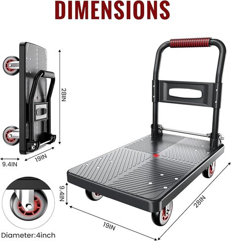 Upgraded Foldable Push Cart Dolly | 660 lbs. Capacity Moving Platform Hand Truck | Heavy Duty Space Saving Collapsible | 4‘’ TPR 360-Degree Silent Wheels | 2 Swivel Wheels and 2 Fixed Wheels in Saudi Arabia