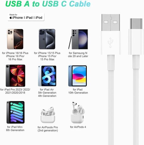 YBMTIGICS USB A to USB C Cable Fast Charging, Type C USB Cord Compatible for iPhon 16 15/ Plus/Pro Max, for Pad Pro 12.9/11, for Air 5th/ 4th/ Mini 6th Gen 2Pack 3FT (White-3) in Saudi Arabia
