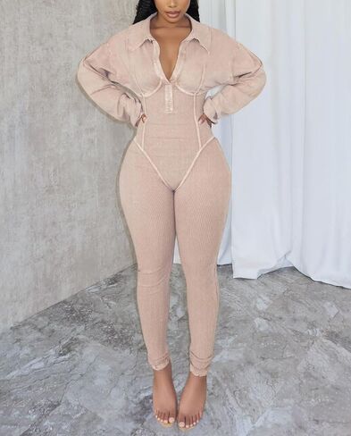 Voghtic Women's Sexy v Neck Bodycon Jumpsuit Distressed Long Sleeve Full Length Leggings Stretch One Piece Outfits in Kuwait