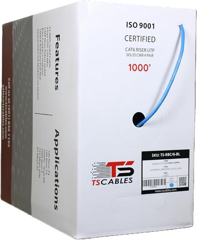 TSCables | CAT6 RISER (CMR) كابل الإيثرنت السائبة 1000 قدم ، 23AWG النحاس العاري الصلبة ، 550 ميجا هرتز ، POE ++ (4PPOE) ، كابل الشبكة عالي الأداء ، زوج ملتوي غير محمي (UTP) - الأزرق in Kuwait
